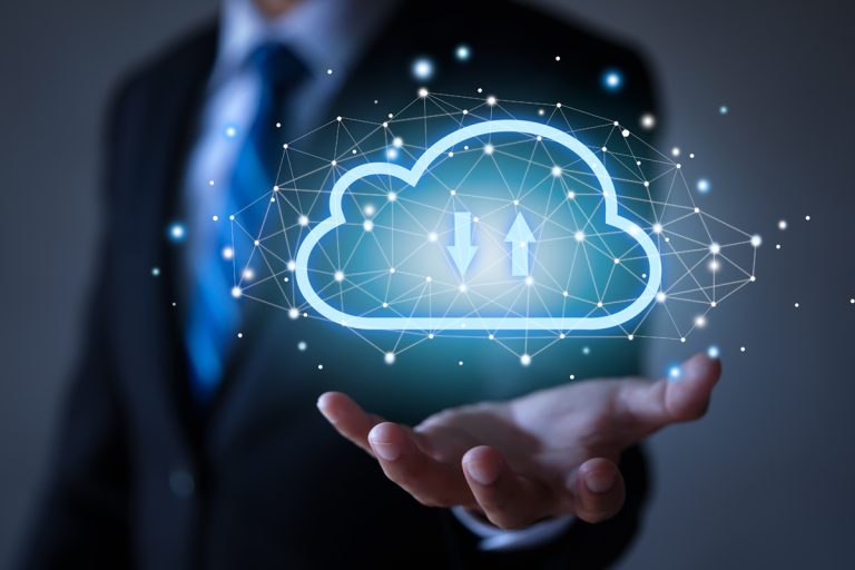 Cloud computing concept connect devices to cloud. Businessman
