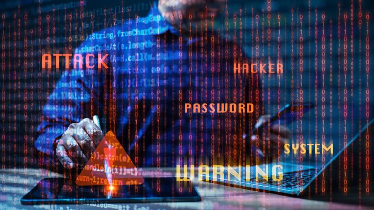 Security concept. Vigilant cyber protection is crucial as a warning against hackers, viruses, and ransomware threats, ensuring security of passwords and defending against cyber attacks on networks