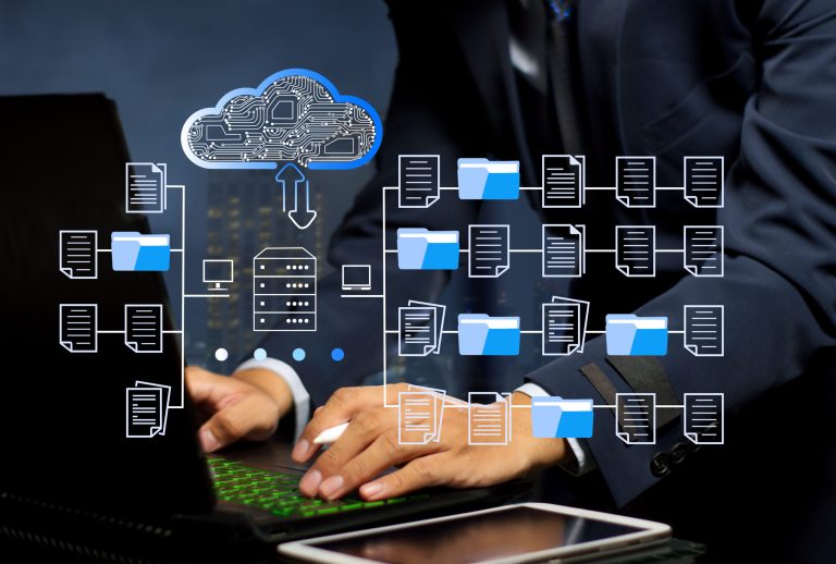 businessman  using  FTP ( File Transfer Protocol )  to exchange  and transfer digital files  with internet cloud technology
